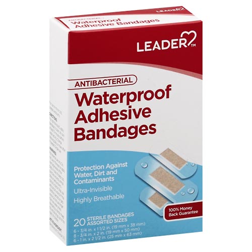Image for Leader Adhesive Bandages, Antibacterial, Waterproof, Assorted Sizes,20ea from HomeTown Pharmacy - South Monroe